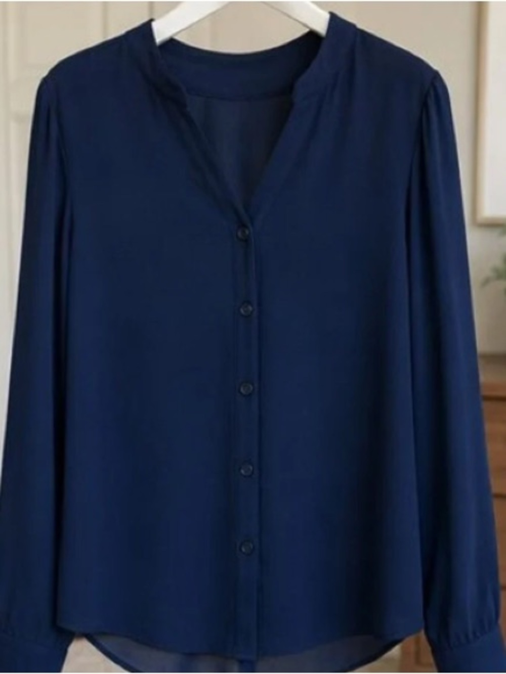 Navy Long-Sleeve Button Front Women's Blouse